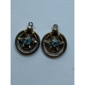 Vintage Earrings Gold Tone Metal Floral Starburst Design‎ with Blue Rhinestone.